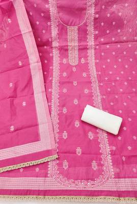 Pink cotton silk embellished unstitched dress material 3