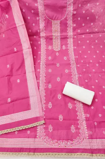 Pink cotton silk embellished unstitched dress material