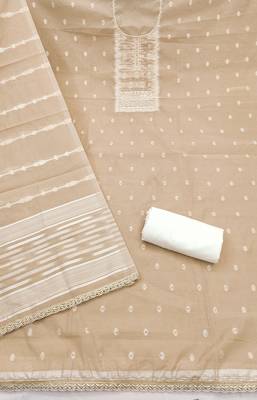Beige cotton silk embellished unstitched dress material 3