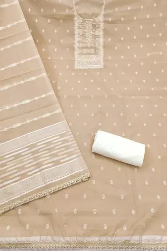 Beige cotton silk embellished unstitched dress material