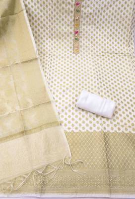 White banarasi woven unstitched dress material 3