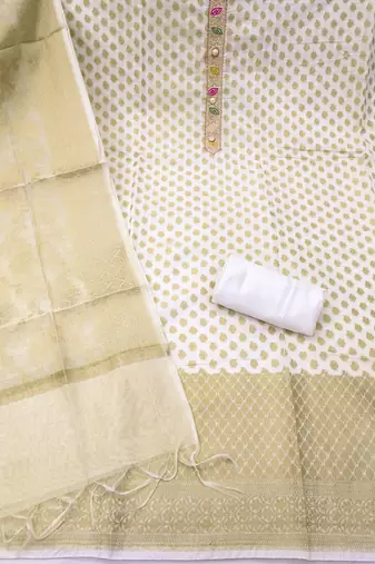 White banarasi woven unstitched dress material