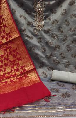 Grey modal chanderi embellished unstitched dress material 2