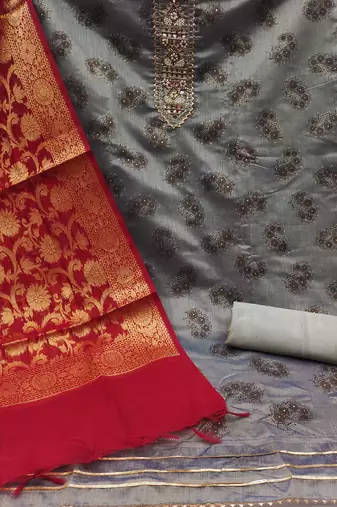 Grey modal chanderi embellished unstitched dress material