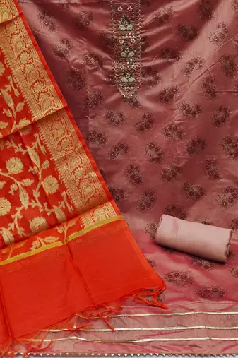 Pink modal chanderi embellished unstitched dress material