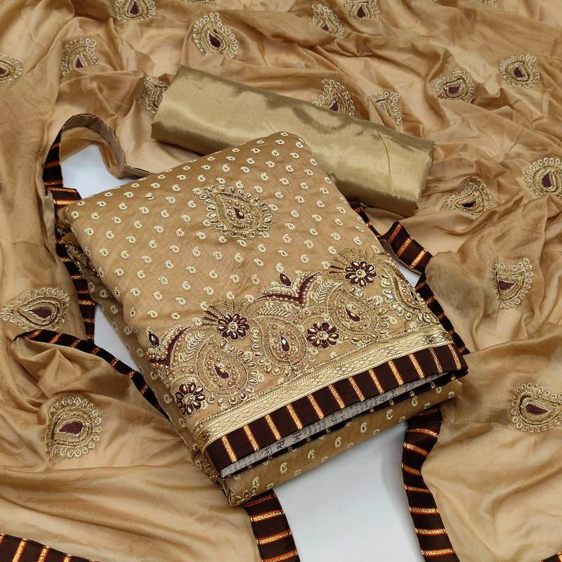 Brown modal chanderi embroidered unstitched dress material