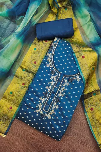 Navy blue modal chanderi embellished unstitched dress material