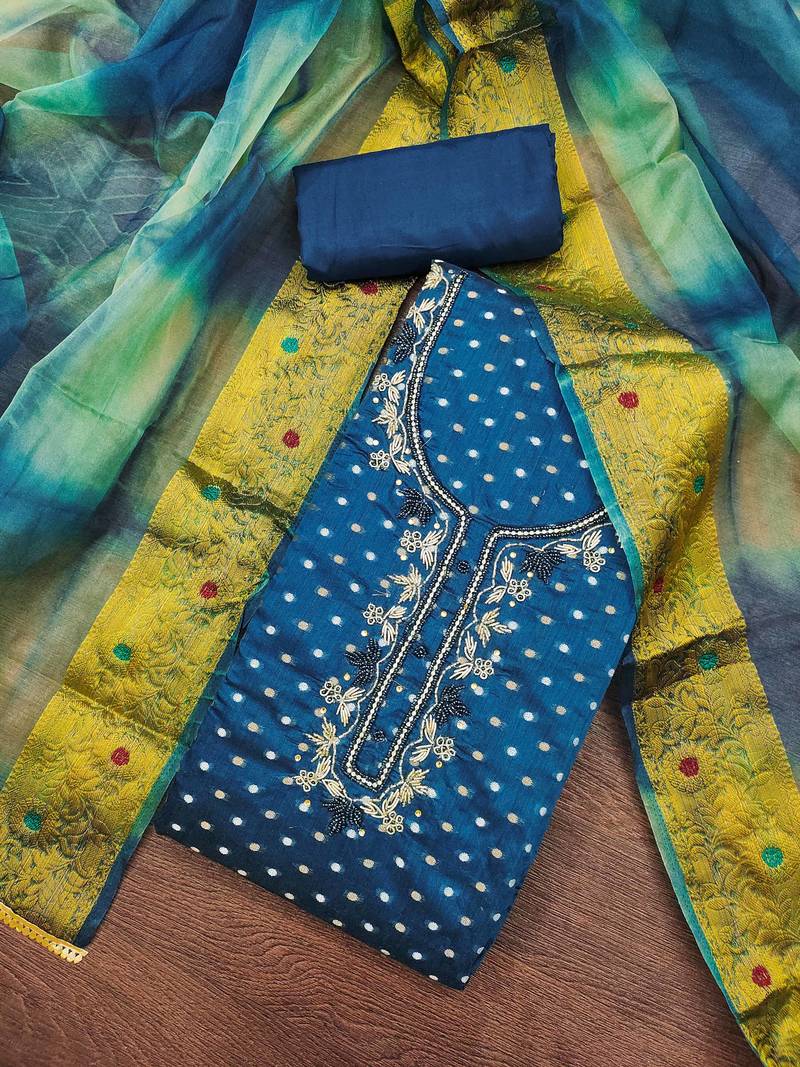 Navy blue modal chanderi embellished unstitched dress material