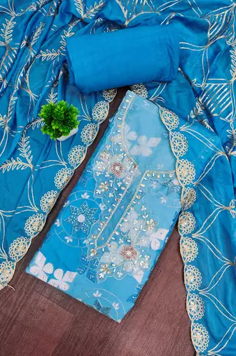 Blue cotton silk printed unstitched dress material