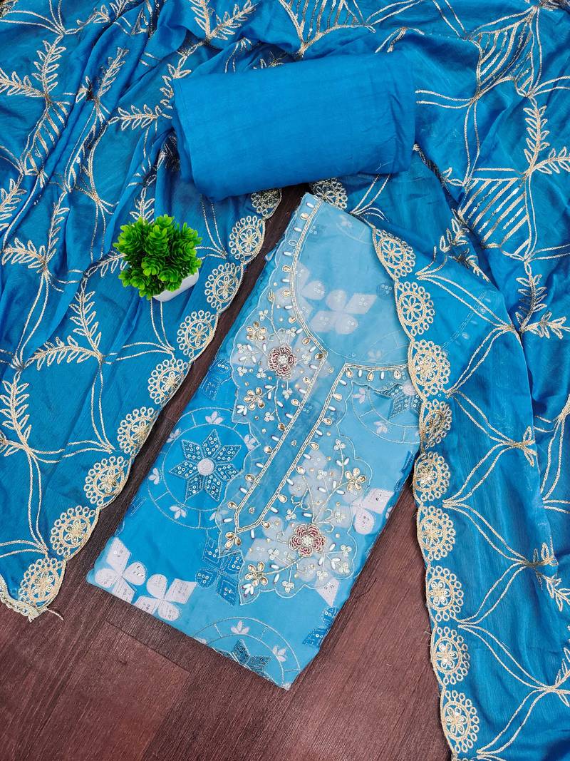 Blue cotton silk printed unstitched dress material