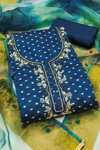 Navy blue modal chanderi embellished unstitched dress material