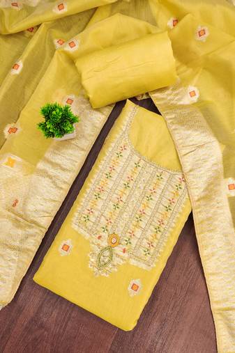 Yellow shimmer banarasi woven unstitched dress material