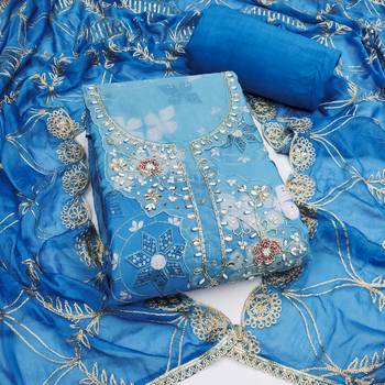 Blue cotton silk printed unstitched dress material 2