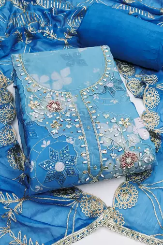 Blue cotton silk printed unstitched dress material
