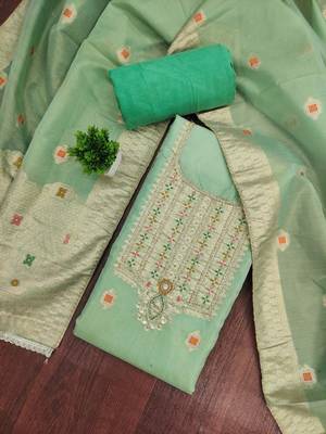Mint shimmer banarasi woven unstitched dress material 1
