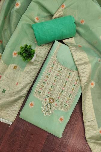 Mint shimmer banarasi woven unstitched dress material