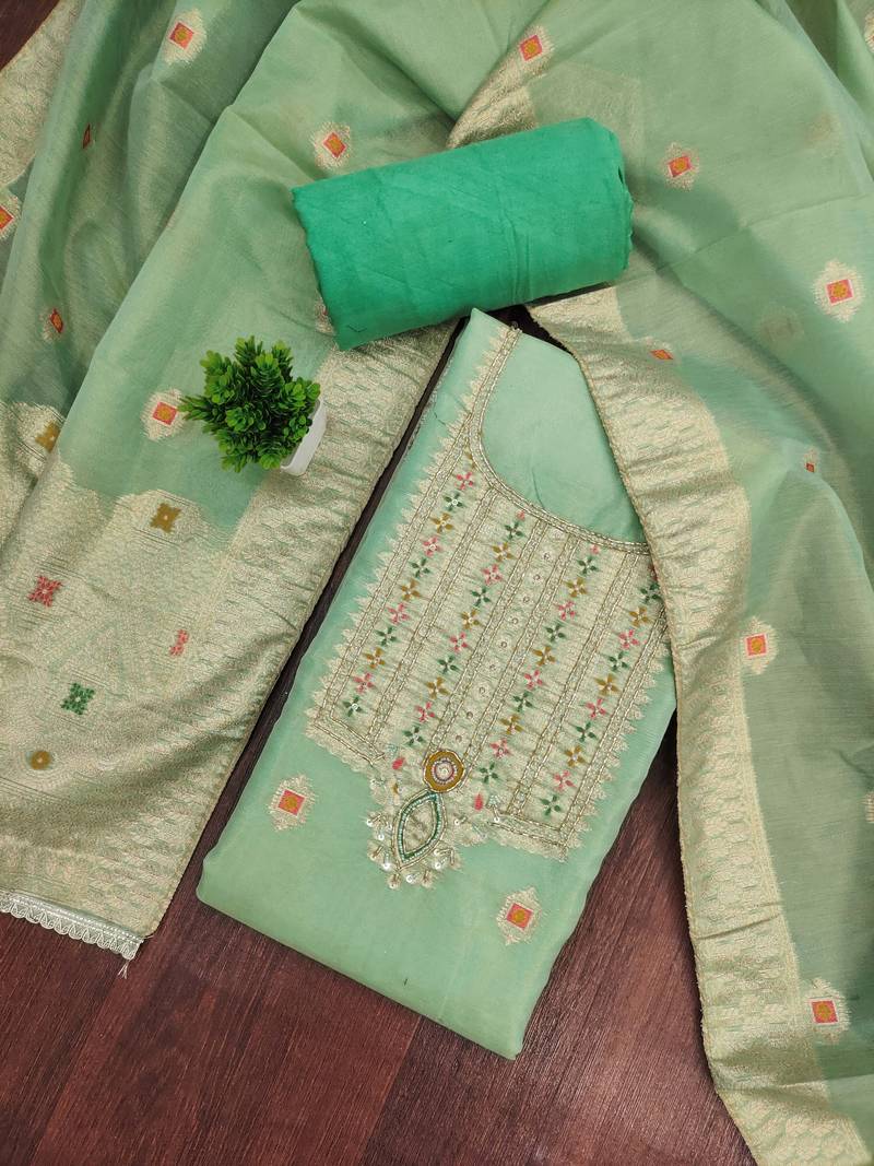 Mint shimmer banarasi woven unstitched dress material