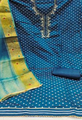 Navy blue modal chanderi embellished unstitched dress material 3