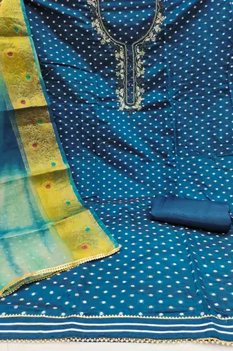 Navy blue modal chanderi embellished unstitched dress material