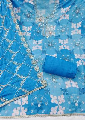 Blue cotton silk printed unstitched dress material 3
