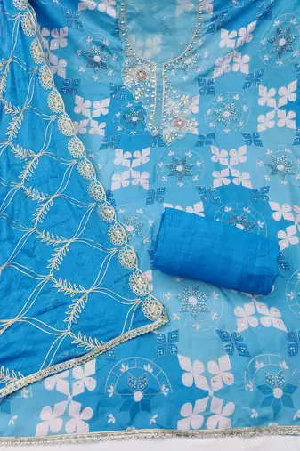 Blue cotton silk printed unstitched dress material