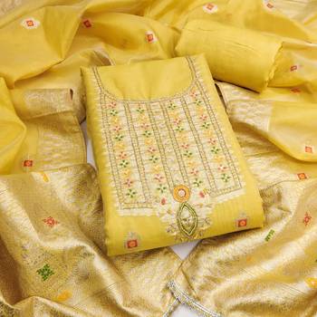 Yellow shimmer banarasi woven unstitched dress material 2