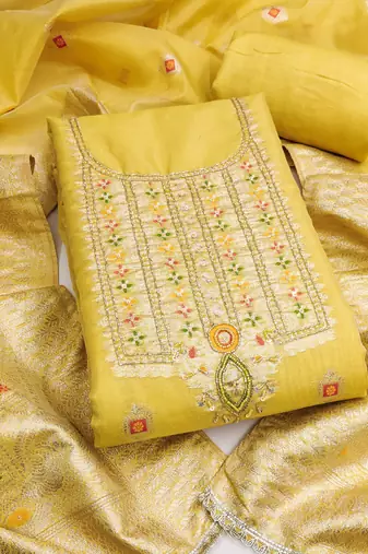 Yellow shimmer banarasi woven unstitched dress material