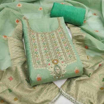 Mint shimmer banarasi woven unstitched dress material 2