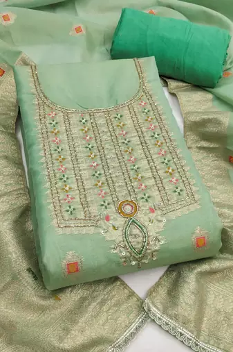 Mint shimmer banarasi woven unstitched dress material