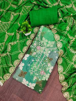 Green cotton silk printed unstitched dress material 1