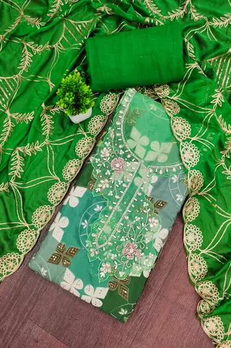 Green cotton silk printed unstitched dress material
