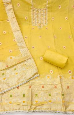 Yellow shimmer banarasi woven unstitched dress material 3