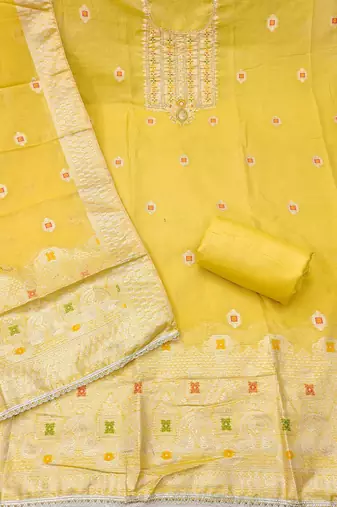 Yellow shimmer banarasi woven unstitched dress material