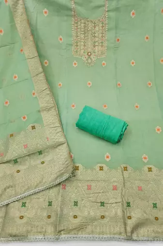 Mint shimmer banarasi woven unstitched dress material
