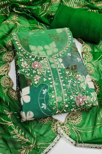 Green cotton silk printed unstitched dress material