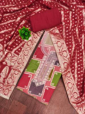 Multi color cotton silk embellished unstitched dress material 1