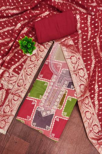 Multi color cotton silk embellished unstitched dress material