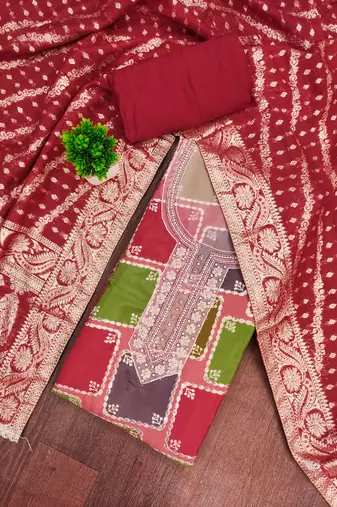 Multi color cotton silk embellished unstitched dress material