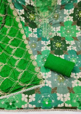 Green cotton silk printed unstitched dress material 3