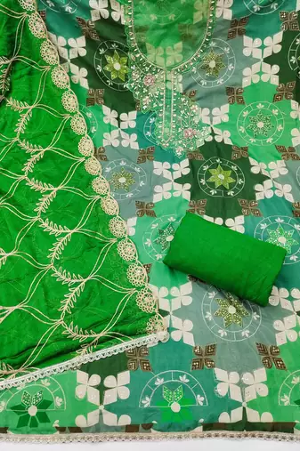 Green cotton silk printed unstitched dress material