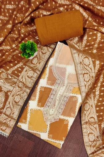 Multi color cotton silk embellished unstitched dress material