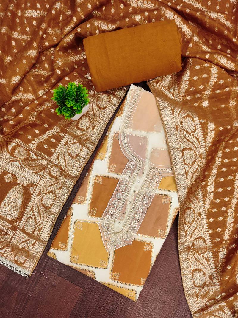 Multi color cotton silk embellished unstitched dress material