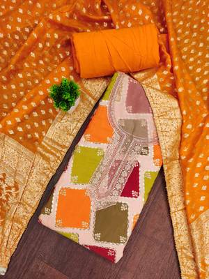 Multi color cotton silk embellished unstitched dress material 1