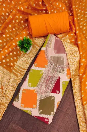 Multi color cotton silk embellished unstitched dress material