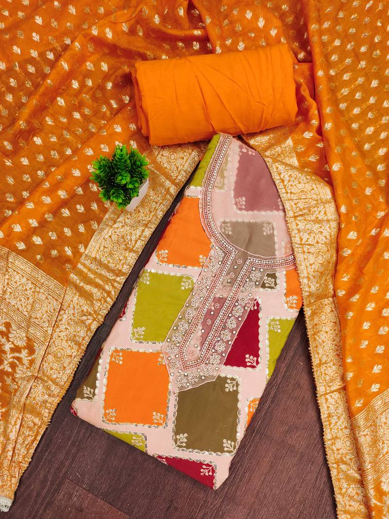 Multi color cotton silk embellished unstitched dress material
