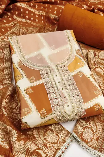 Multi color cotton silk embellished unstitched dress material