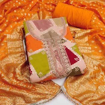 Multi color cotton silk embellished unstitched dress material 2