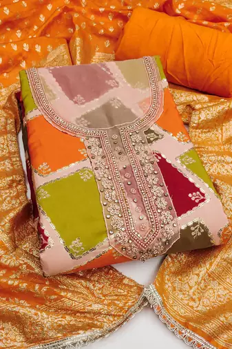Multi color cotton silk embellished unstitched dress material
