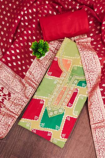 Multi color cotton silk embellished unstitched dress material