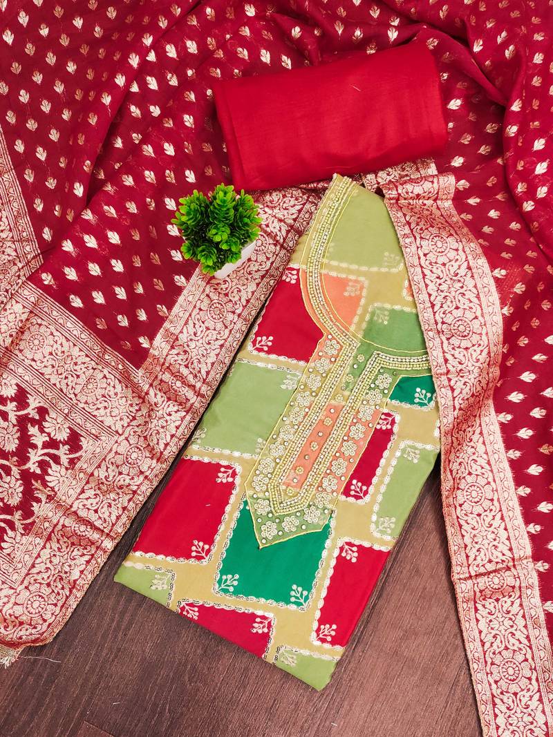 Multi color cotton silk embellished unstitched dress material